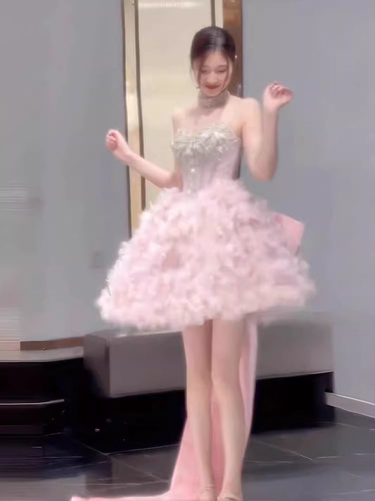 Cute Ball Gown Strapless Pink Tulle Short 16th Birthday Dress Homecoming Dresses Cocktail Gown AB2227
