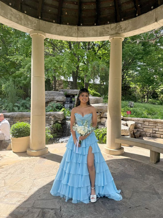Blue Chiffon Tiered A Line Prom Dresses Long for Women Corset Ruffle Side Slit Formal Evening Gown AB155