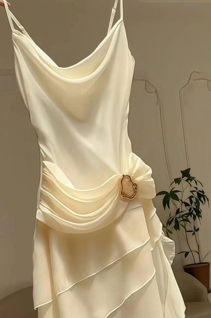 Modest Mermaid Spaghetti Strap Ivory Chiffon Party Dress Pleated Prom Dresses AB143