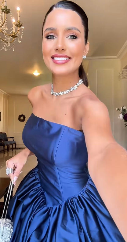 Chic Ball Gown Strapless Royal Blue Satin Prom Dresses Long for Women Formal Evening Gowns AB177