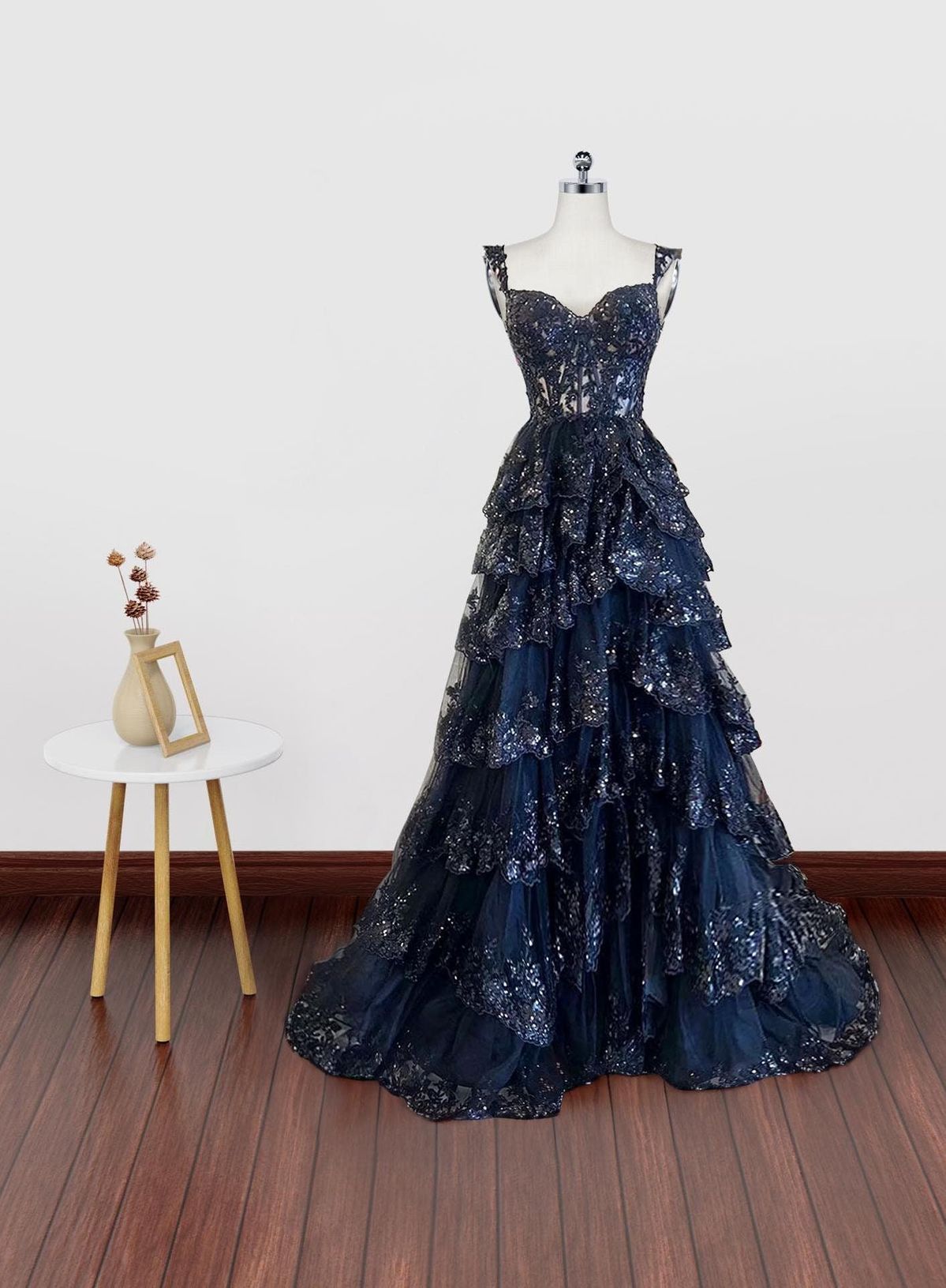 Modest Ball Gown Straps Navy Blue Lace Prom Dresses Long for Women Ruffle Formal Evening Gown AB161