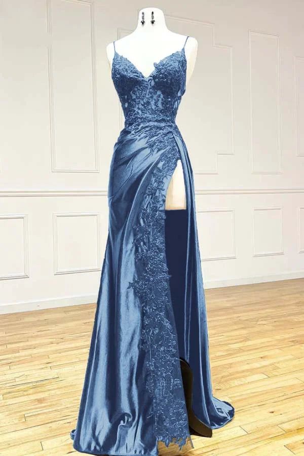 Classy Spaghetti Straps Mermaid Wine Red V Neck Satin Lace Long Prom Dresses Formal Dress AB138