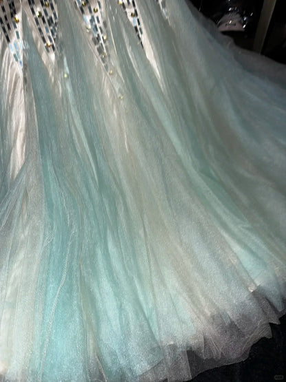 Luxurious Mermaid Sweetheart Blue Green Tulle With Gold Beading School Dances Prom Dresses 8th Grade Formal Outfits Evening Gown RB8398