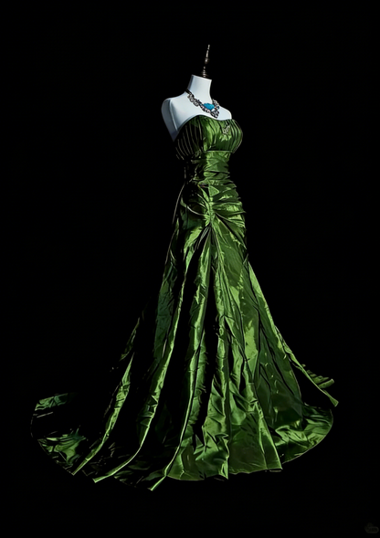 Vintage Mermaid Strapless Olive Green Satin Sleeveless 80s Prom Dresses Long Formal Party Gown N1497