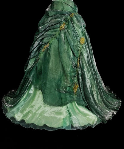 Vintage Prom Dresses Aesthetic Ball Gown Straps Green Organza Long Formal Dress N2154