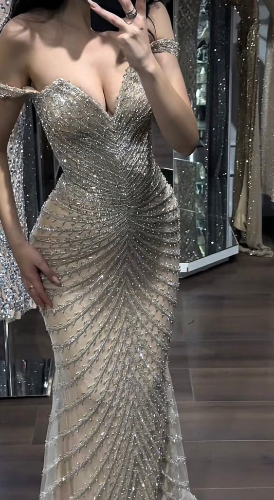 Shinning Prom Dresses Mermaid Off The Shoulder Champagne With Beading Evening Long Formal Dress N4765