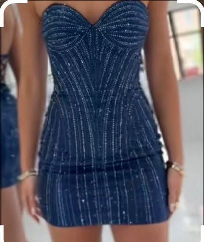 Sparkly Sheath Sweetheart Navy Blue Sequined Sleeveless Short Homecoming Dresses Senior High School For Teens Ideas Inspo Short Hoco Court Gowns RB7291