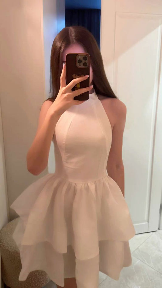 Minimalist  A line High Neck White Sleeveless Semi-formal 12th Grad Short Inspo Homecoming Dresses RB4529