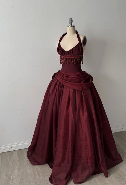 Dreamy Ball Gown Halter Sleeveless Sweep Train Taffeta Burgundy Long Prom Dress Evening Party Formal Outfits RB6690
