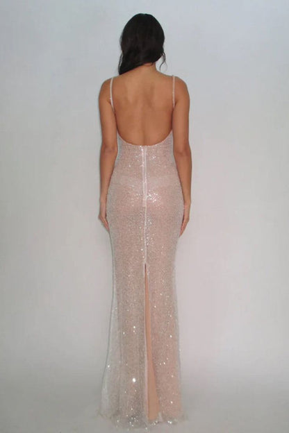 Simple Pink Mermaid Straps Sequin Prom Dresses With Split AB1593