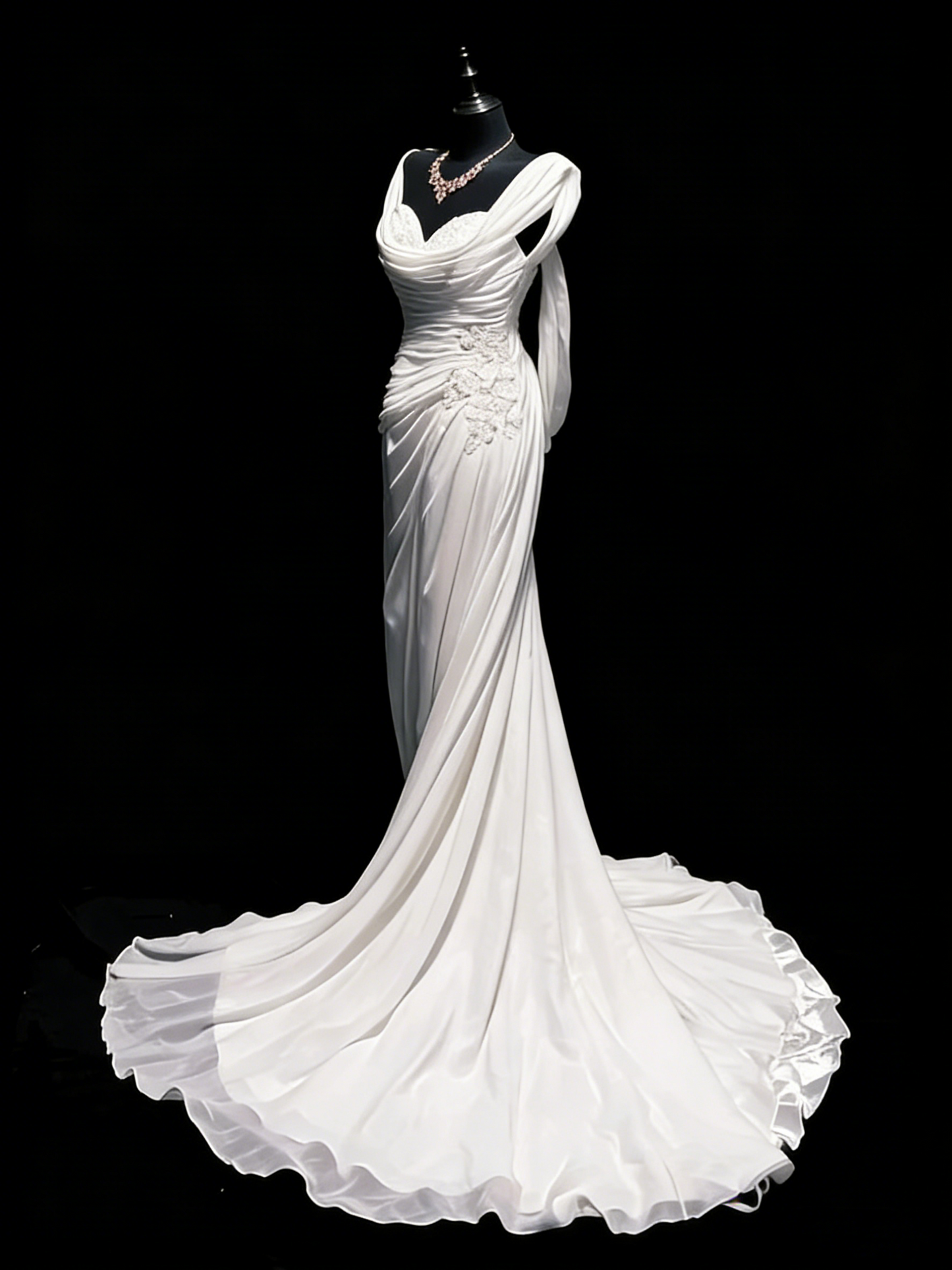 Vintage Wedding Dresses Mermaid Sweetheart Chiffon White Ruched Lace Long Brides Dress Fitted Bridal Gown N1207