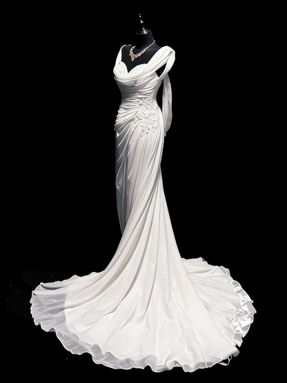 Vintage Wedding Dresses Mermaid Sweetheart Chiffon White Ruched Lace Long Brides Dress Fitted Bridal Gown N1207