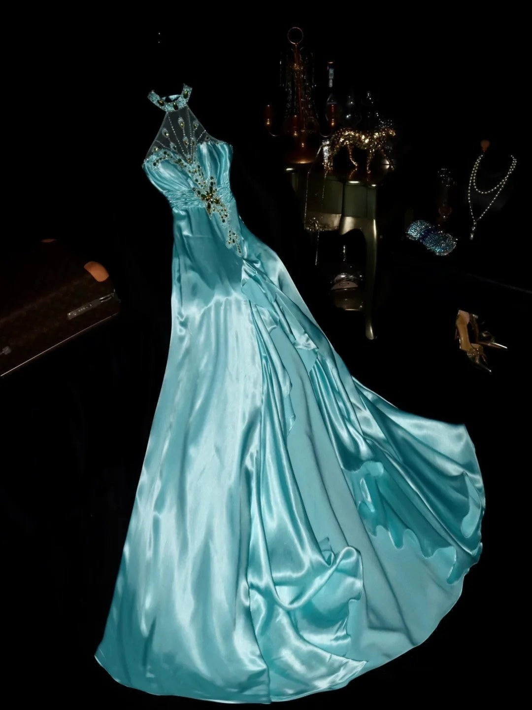 Luxurious Mermaid Halter Blue Satin With Gold Beading School Dances Prom Dresses 8th Grade Formal Outfits Evening Gown RB8436