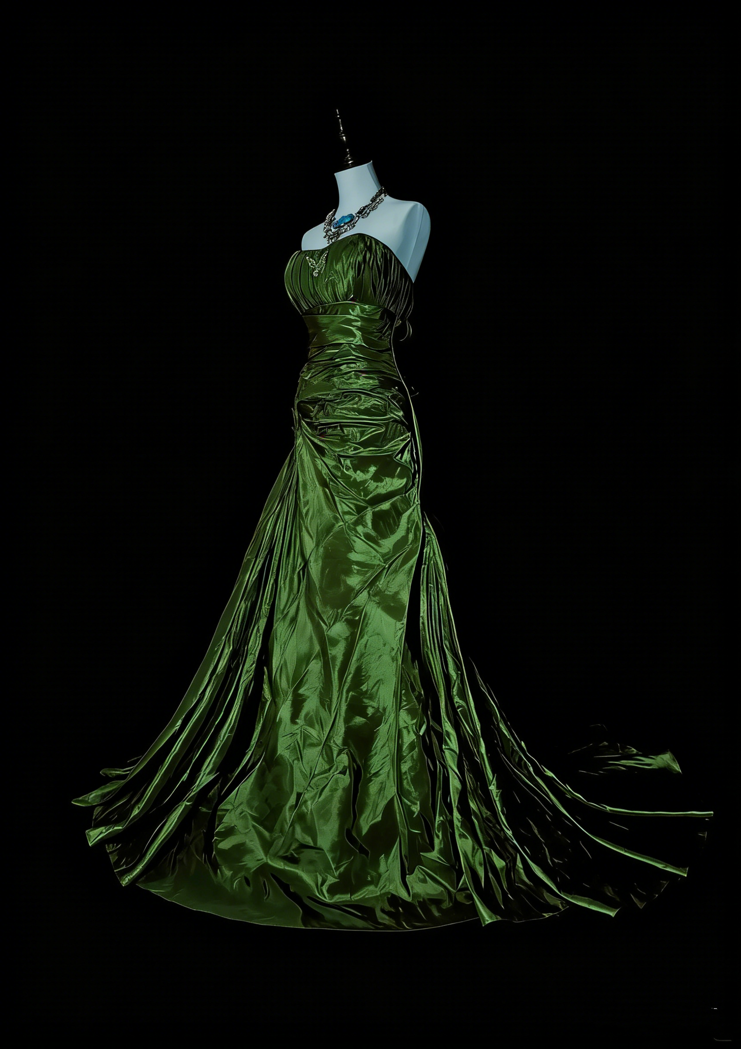 Vintage Mermaid Strapless Olive Green Satin Sleeveless 80s Prom Dresses Long Formal Party Gown N1497