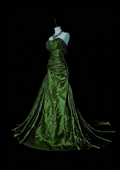 Vintage Mermaid Strapless Olive Green Satin Sleeveless 80s Prom Dresses Long Formal Party Gown N1497