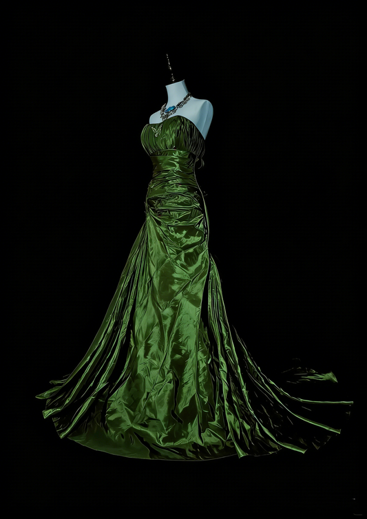 Vintage Mermaid Strapless Olive Green Satin Sleeveless 80s Prom Dresses Long Formal Party Gown N1497