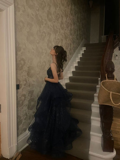 Chic Ball Gown Spaghetti Straps Navy Blue Tulle Long Prom Dresses Inspiration Party Dress Prom Gowns RB1295