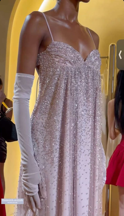 Sparkly A Line Spaghetti Straps Pink Sequins Wedding Guest Dresses Long Prom Formal Dresses N1667