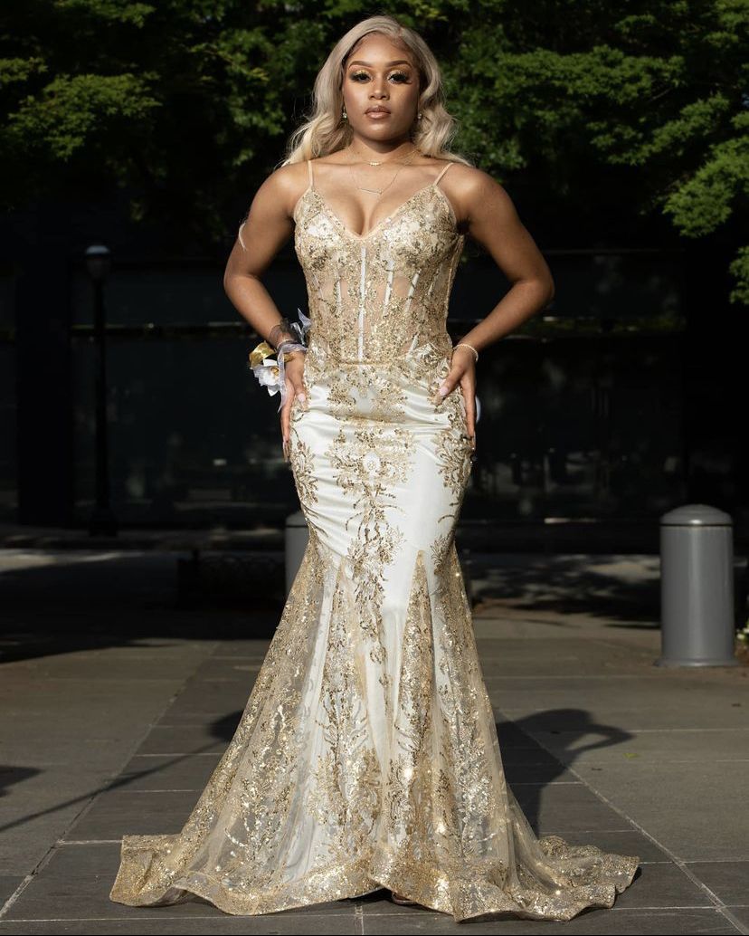 Classy Mermaid Spaghetti Straps Gold Sequin Inspo For Black Women Girls Formal Party Gowns Long Prom Dresses AB1779
