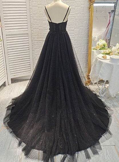 Black Prom Dresses Ball-Gown Sweetheart Sleeveless Tulle Prom Dress With Split Front N799