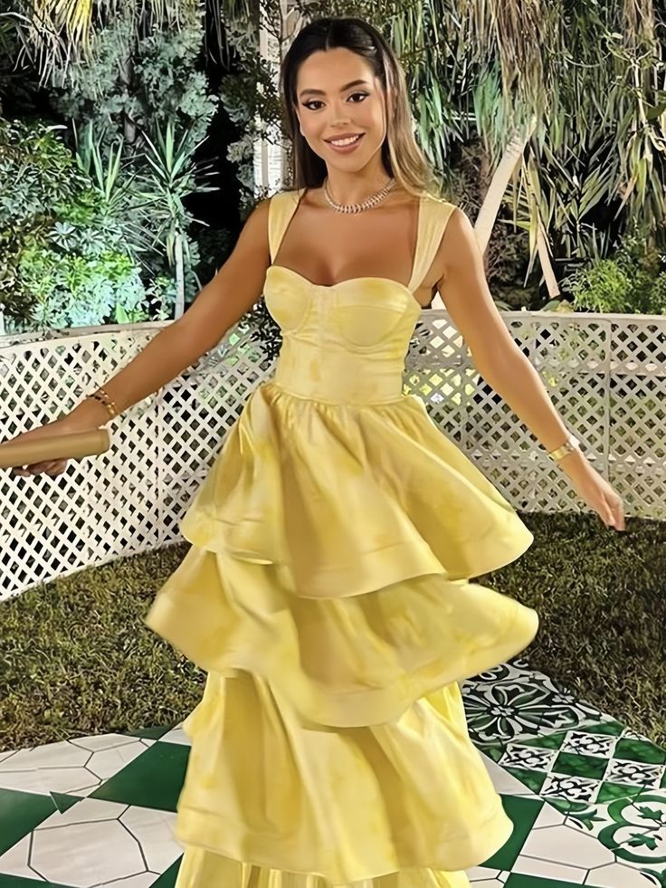 Yellow Printing Yellow Satin A-Line Tiered Sleeveless Long Prom Formal Dress Vestidos De Dia AB500