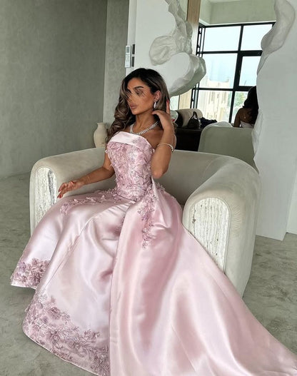 Women Elegant Pink A-Line Strapless Satin Party Dress with Appliques and Detachable Train Evening Gowns AB498