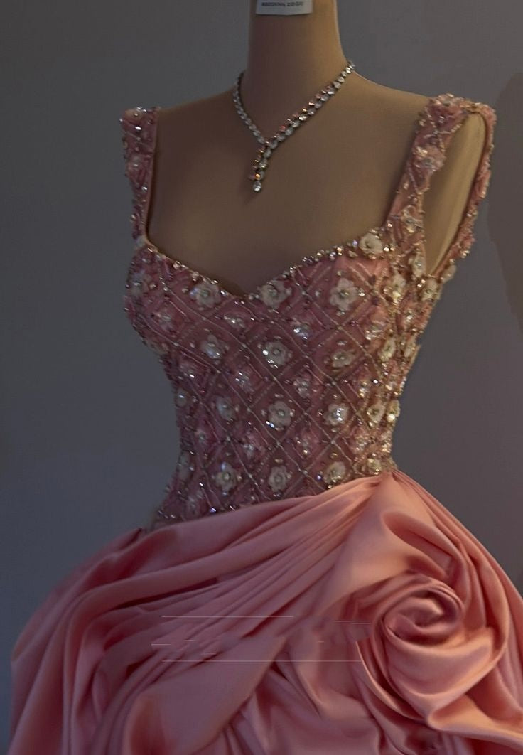 Women Square Straps Floral Beaded Ruched A-Line Prom Dresses Evening Gowns AB505