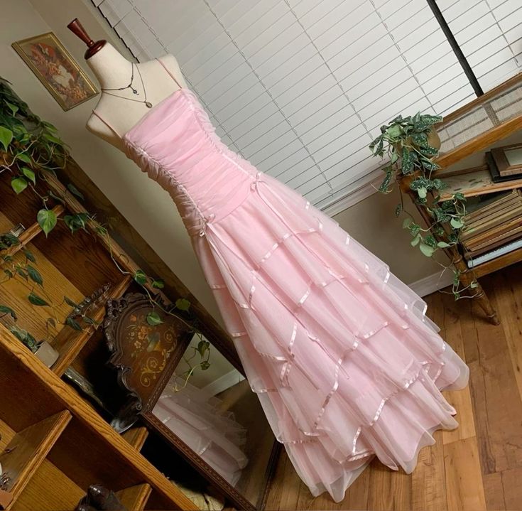 Cute Pink Prom Dress Long Floor Length A line Spaghetti Straps Glam Formal Evening Gown RC0195