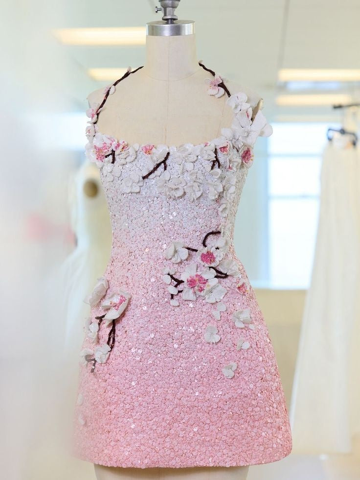 Elegant A line Halter Pink With 3D Flowers Sequin Party Dress Short Mini 15th Birthday Dresses Hoco Outfits RB3395