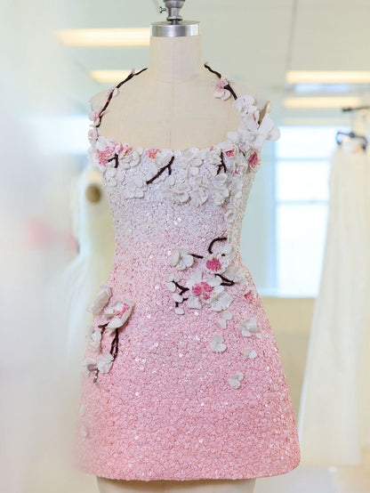 Elegant A line Halter Pink With 3D Flowers Sequin Party Dress Short Mini 15th Birthday Dresses Hoco Outfits RB3395