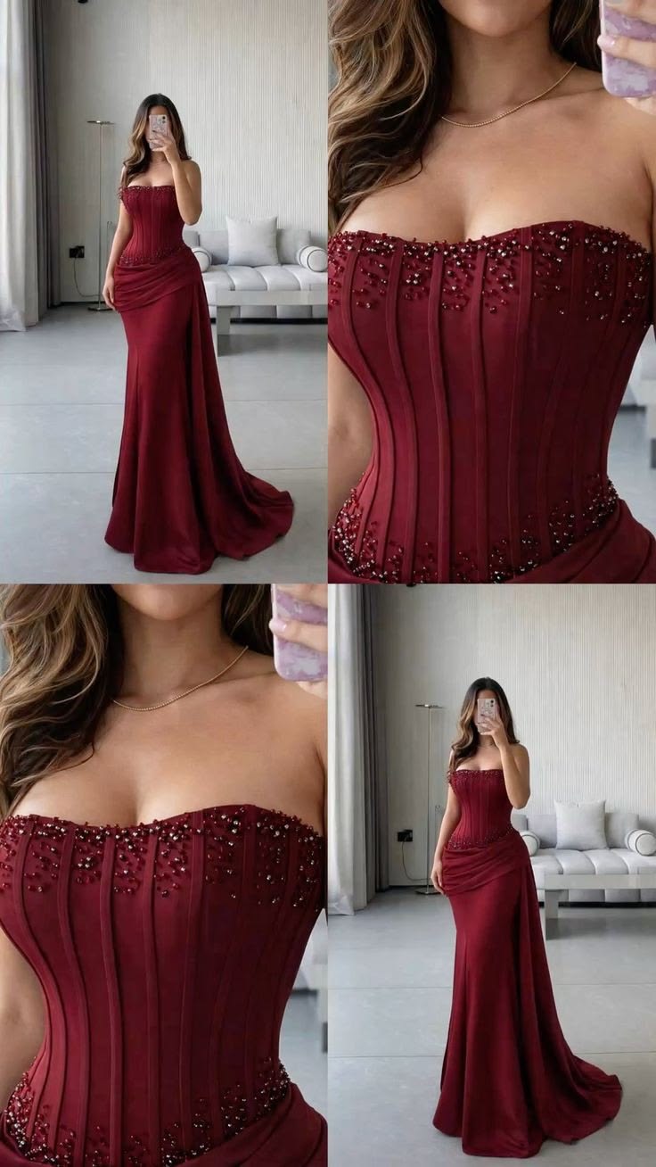 Prom Dress Mermaid Strapless Burgundy With Beaded Floor Length Graduation Party Dress RC0903