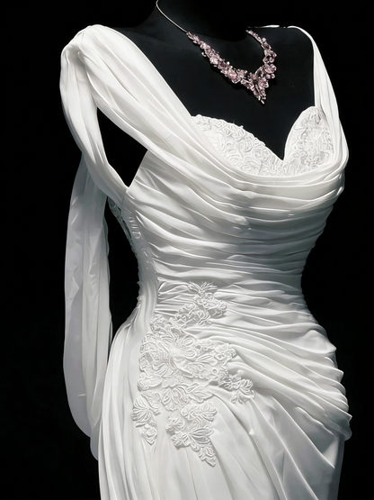 Vintage Wedding Dresses Mermaid Sweetheart Chiffon White Ruched Lace Long Brides Dress Fitted Bridal Gown N1207