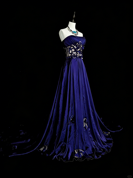 Vintage A line Strapless Royal Blue Satin Sleeveless 90s Prom Dresses Inspo Long Formal Party Gown N1499