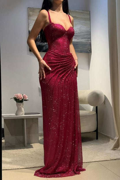 Hot Pink Glitter Bodycon Prom Dresses 2026 with Sweetheart Neck Spaghetti Straps Ruched Side Slit Vestidos Evening Gowns AB494
