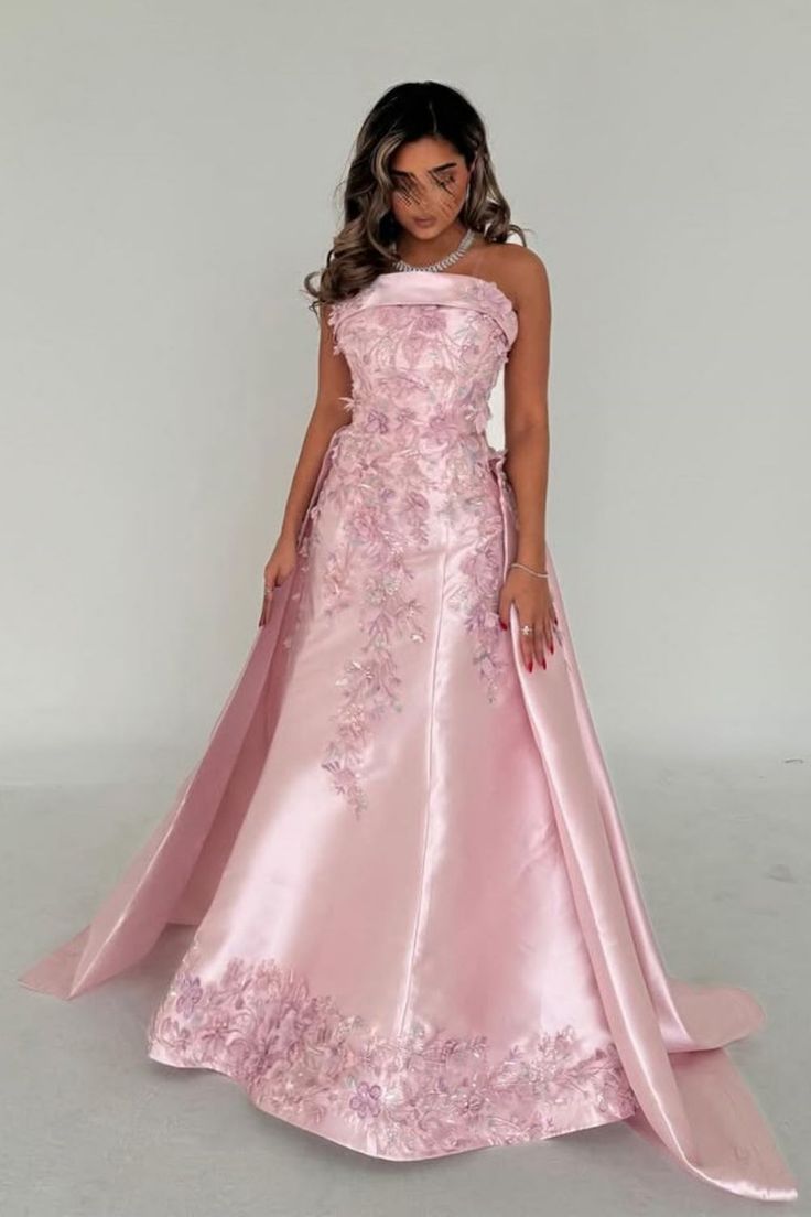 Women Elegant Pink A-Line Strapless Satin Party Dress with Appliques and Detachable Train Evening Gowns AB498