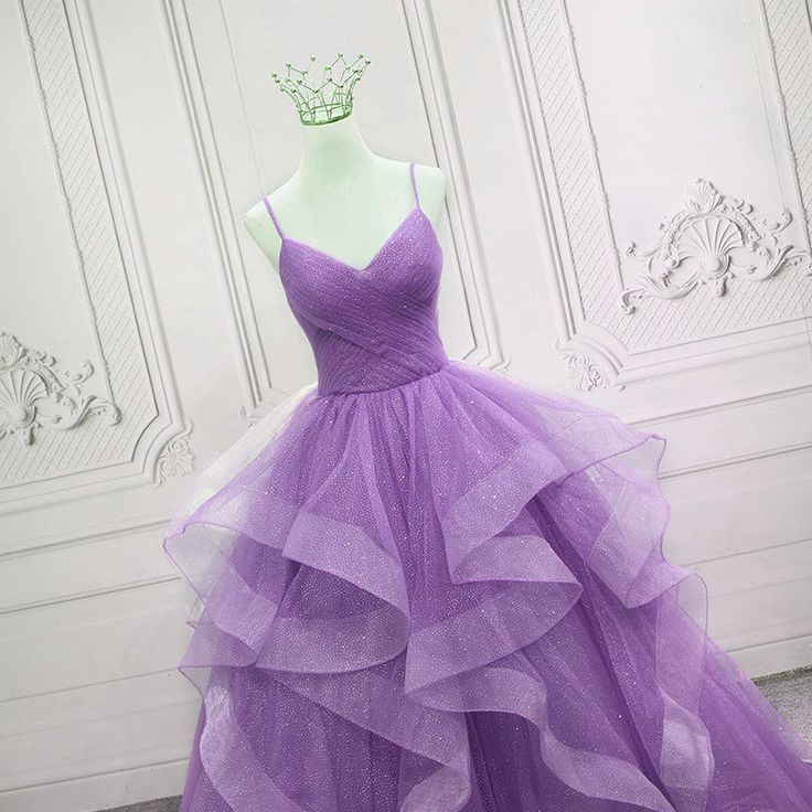 Purple Prom Dress Ball Gown Spaghetti Strap Tulle Sequin Long Formal Gown Evening Dresses For Teens Formal N038