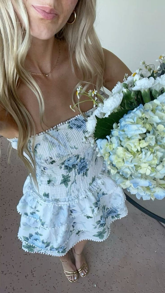 Trendy A Line Strapless Light Sky Blue Floral Short Night In Rio Inspo Hoco Dress Ideas Homecoming Dresses RB4096