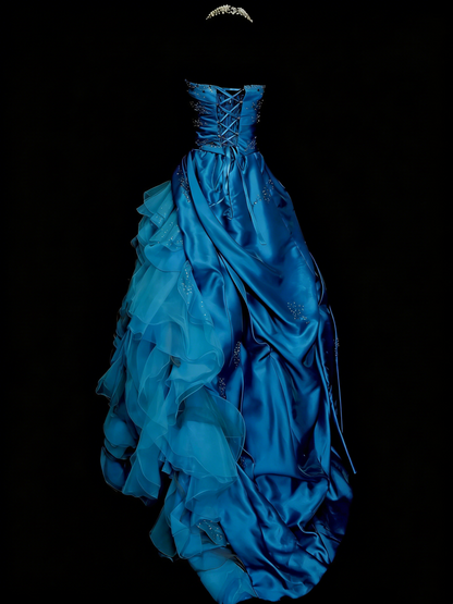 Vintage Night Aesthetic Ball Gown Strapless Blue Tulle 90s 80s College Formal Sweet 16 Outfit Long Prom Dresses For Teens N1160