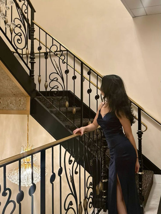 Classy Mermaid Spaghetti Strap Navy Blue With Satin Slit Long Prom Dresses Aesthetic For Teens Formal Dress Party Outfits Prom Gown AB1111