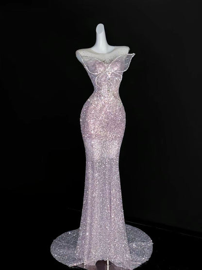 Glittery Mermaid Scoop Pink Glitter Sequin Long Prom Dresses Impress Birthday Outfits Evening Gowns RB8943
