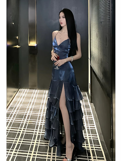 Chic Mermaid Halter Spaghetti Strap Long Prom Dresses Slit Navy Blue Long Formal Dresses N700