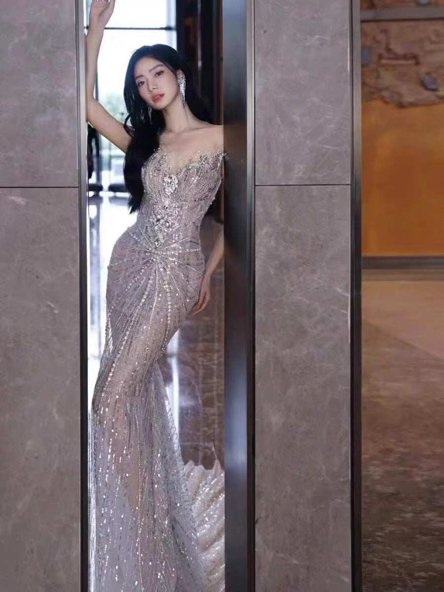 Sparkly Mermaid Sweetheart White Sequins For Women Party Dresses Long Formal Prom Dress Inspo 22th Birthday Gown AB1385