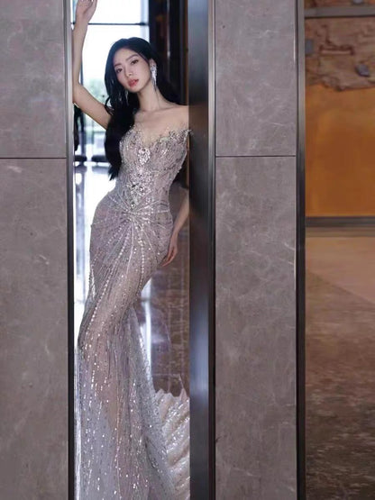 Sparkly Mermaid Sweetheart White Sequins For Women Party Dresses Long Formal Prom Dress Inspo 22th Birthday Gown AB1385