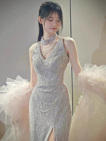 Glittery Sheath V Neck Sleeveless With Cape Tulle Slit Prom Dresses Inspiration Long Night Outfits 18th Birthday Outfits AB2226