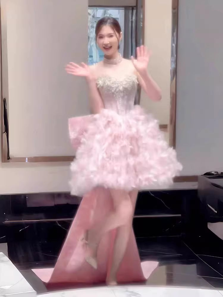 Cute Ball Gown Strapless Pink Tulle Short 16th Birthday Dress Homecoming Dresses Cocktail Gown AB2227
