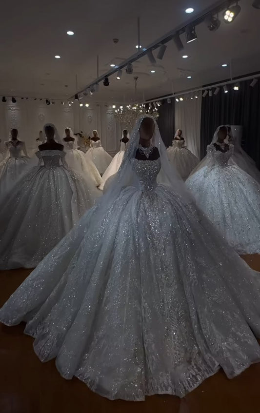 Sparkly Wedding Dress Ball Gown Strapless White Lace With Ruffles Floor Length Bridal Gown RC1408