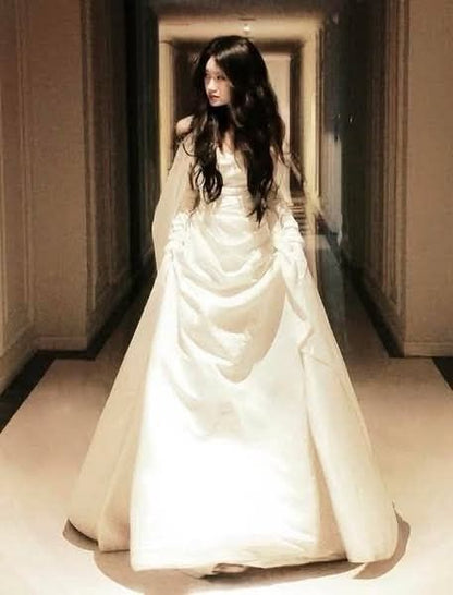 Retro Ball Gown Sweetheart Organza 70s White Fitted Long Wedding Dress Bride Gown Brides Dresses AU311