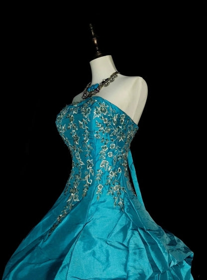 Vintage Ball Gown Strapless Blue Organza With Ruffles Sweet 16 Dresses Quinceanera Dress Long 15 Vestidos De Fiesta N1461