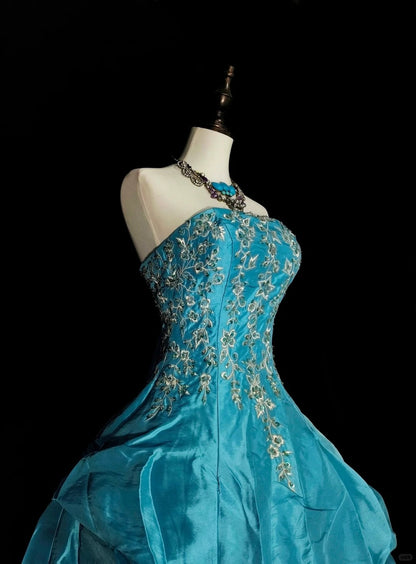 Vintage Ball Gown Strapless Blue Organza With Ruffles Sweet 16 Dresses Quinceanera Dress Long 15 Vestidos De Fiesta N1461