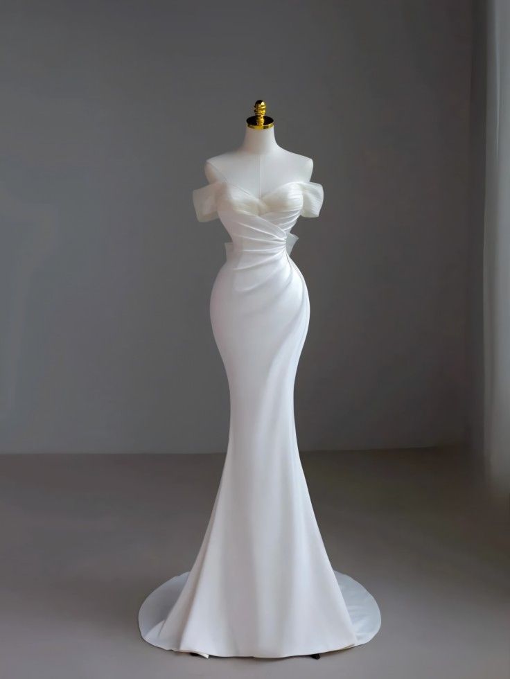 Princess Long Wedding Gowns Mermaid Off The Shoulder White Satin For Bride With Sleeves Train Bridal Dresses AB2186